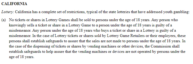 Excerpt from California state restrictions on playing lottery games