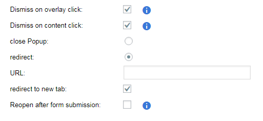 Options dismiss on overlay click dismiss on content click close popup redirect to URL
