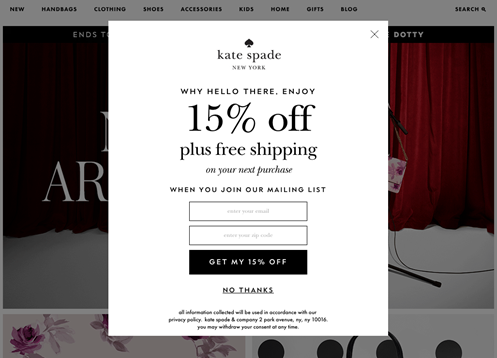 Subscription popup Kate Spade 15% off and free shipping when you join our mailing list