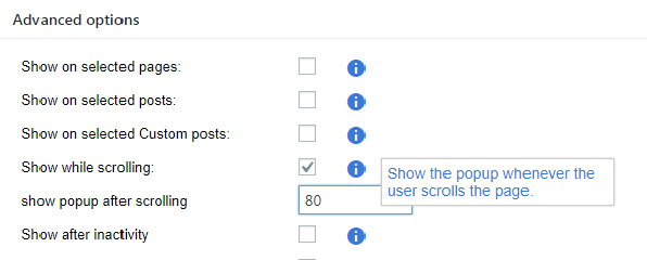 Advanced options where and when to show the popup