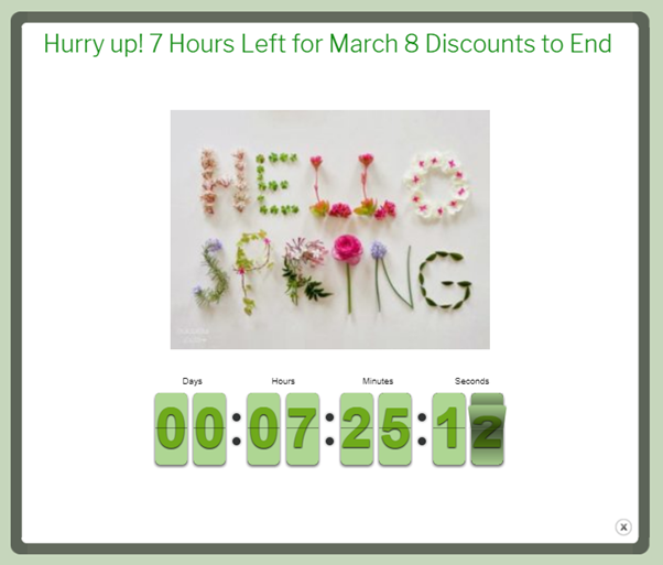 Countdown popup Hurry up 7 Hours Left for March 8 Discounts to End