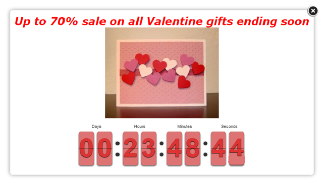 Countdown-popup-Valentines-day-70-sale-ending-soon-hearts-counter-showing-23-hours-48-minutes-and-44-seconds