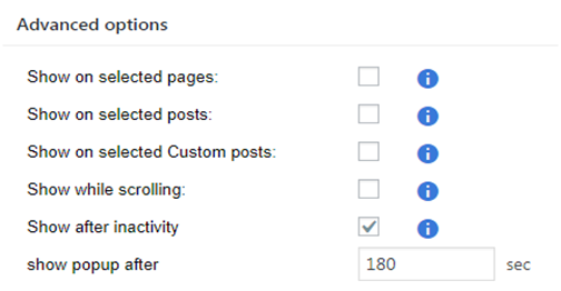 Advanced options show after inactivity of 180 seconds checked when to show