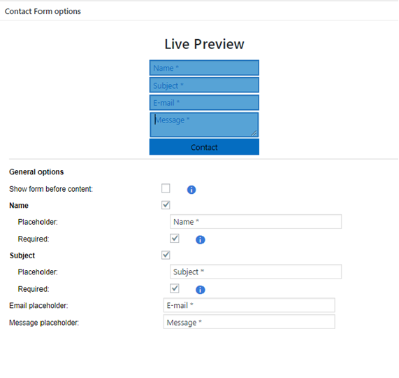 Contact form options general options name subject