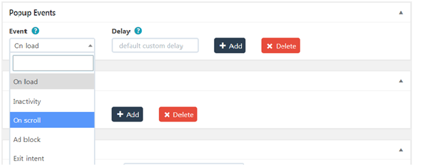 popup events settings on scroll event